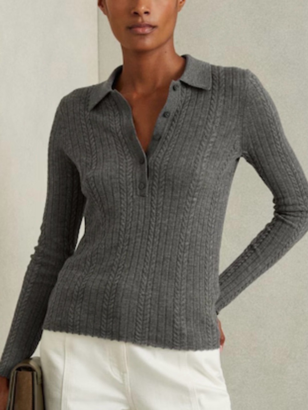 REISS Charcoal “Jade” Cable Knit Wool Polo Sweater size XS NWT!